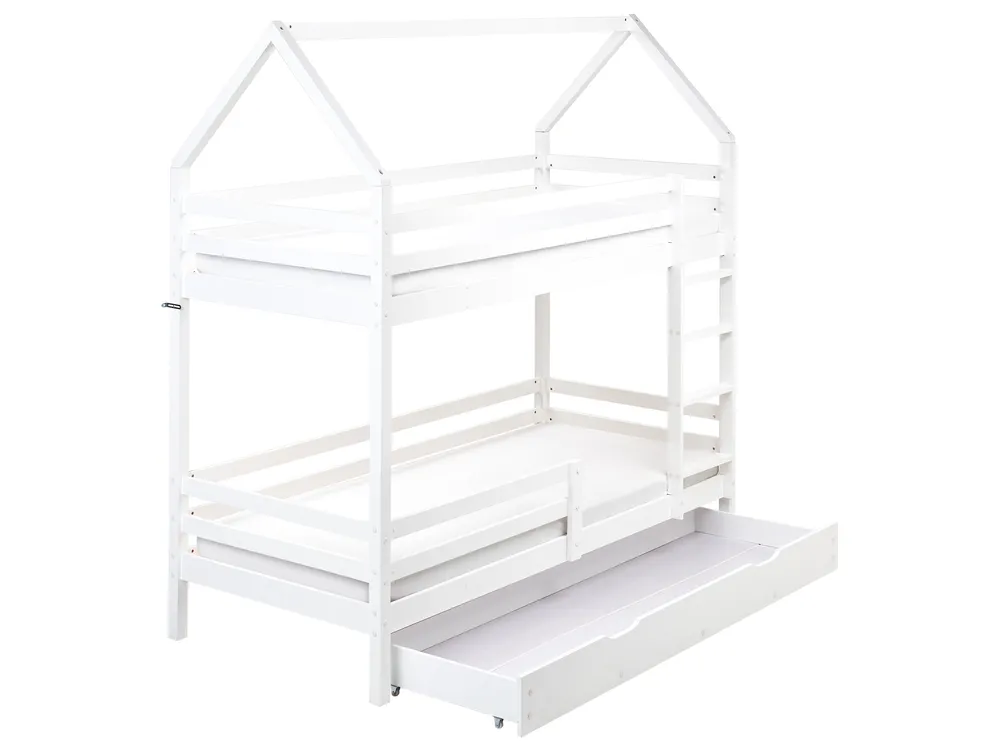 Hochbett mit Schubladen Haus Kiefernholz GIRGOLS 90 x 200 cm mit Stauraum Weiß