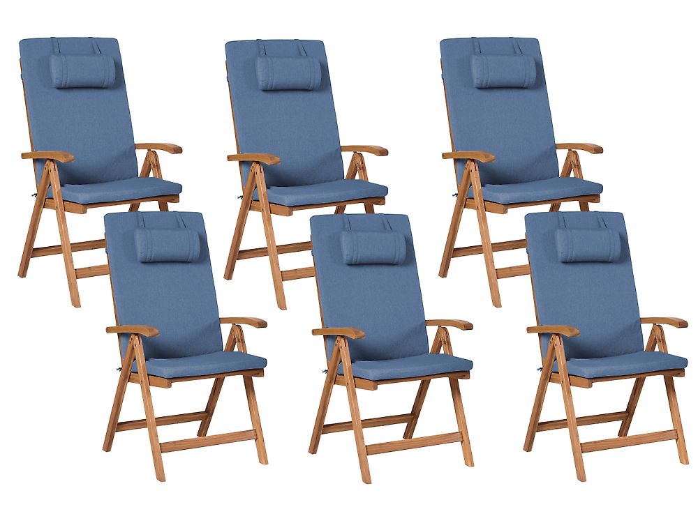 Set of 6 Garden Chairs with Cushions JAVA PREMIUM Acacia Wood Blue