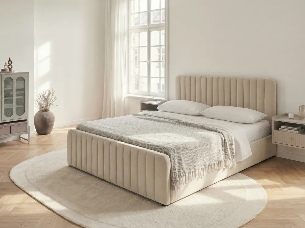 Polsterbett Samtstoff beige Bettkasten hochklappbar verschiedene Größen LUNAN
