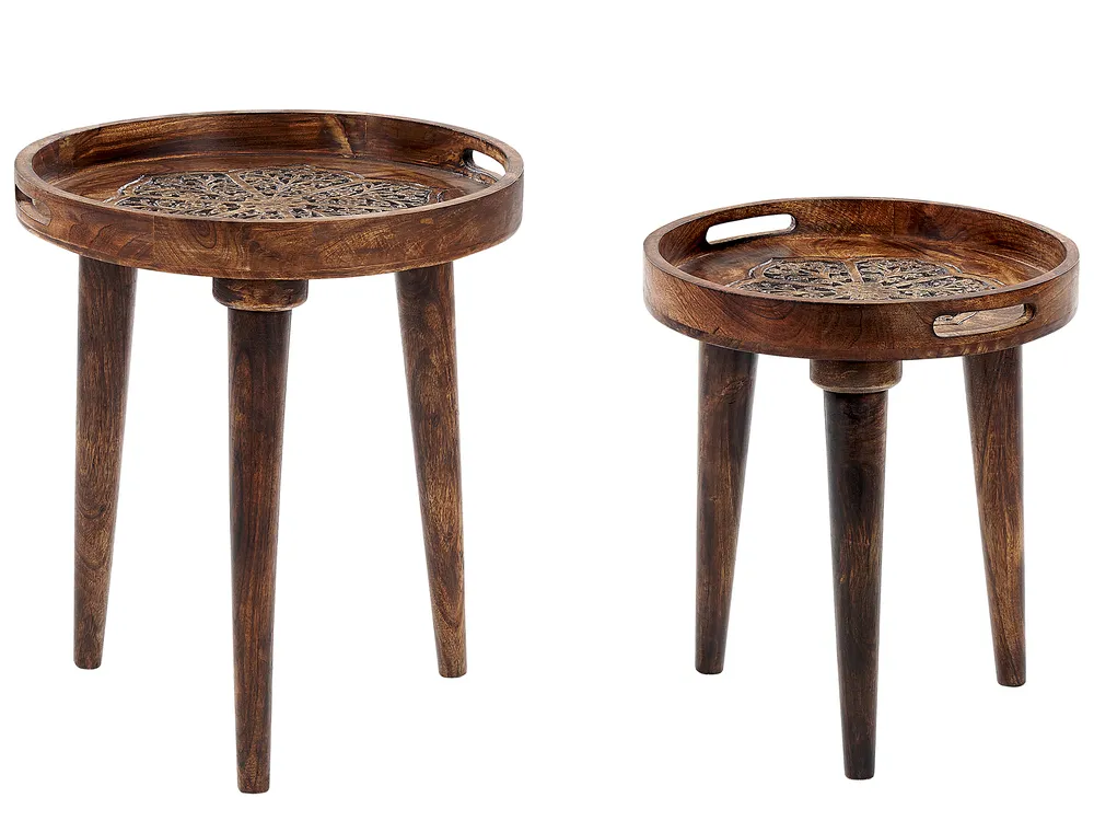 Set of 2 Side Tables ASTAI Mango Wood Dark Brown