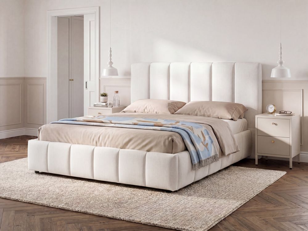 Bett mit Stauraum VAUVERT Stoff Cremeweiß 180 x 200 cm