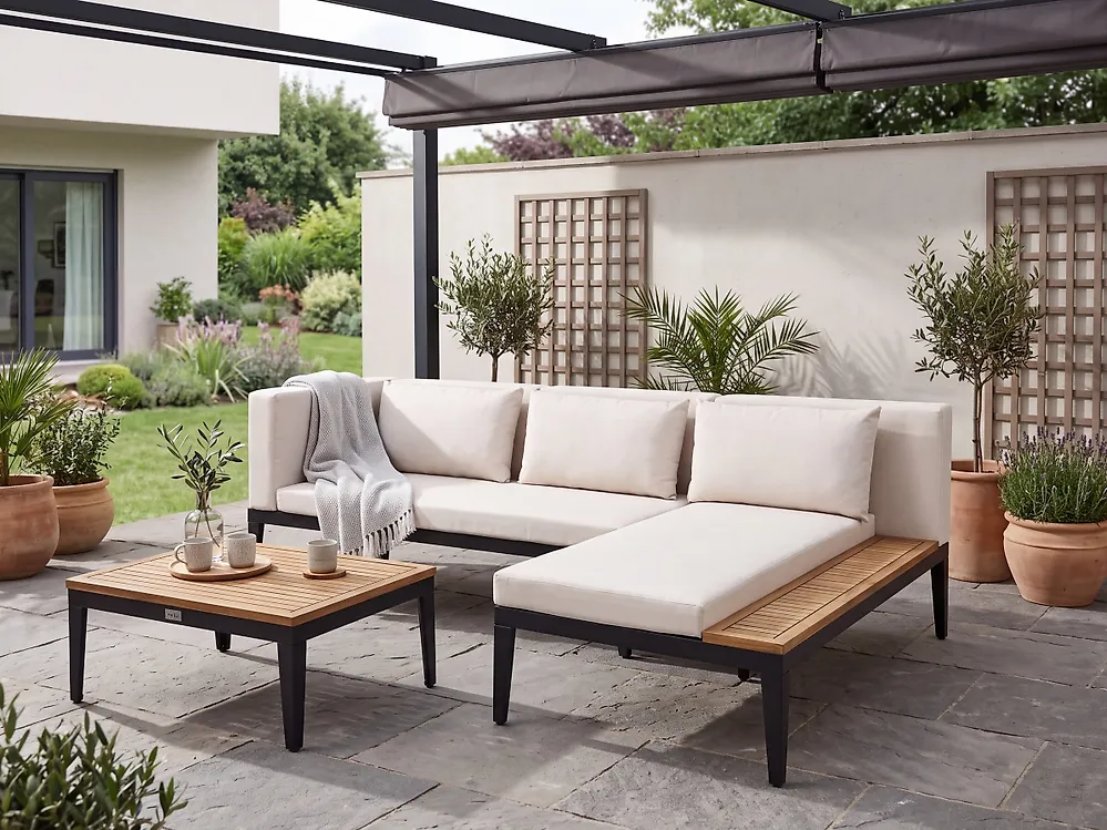 Garden Corner Sofa with Table 3 Seater BRACCIANO Certified Acacia Wood Light Beige Left Hand_1175098