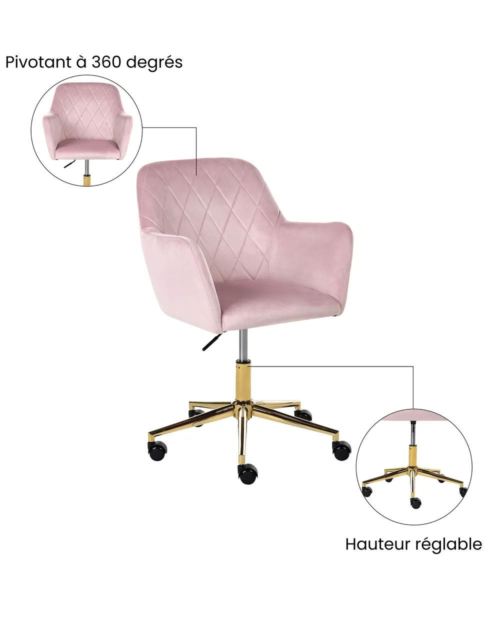 Chaise de bureau LELORIA Velours Rose pastel_1065432
