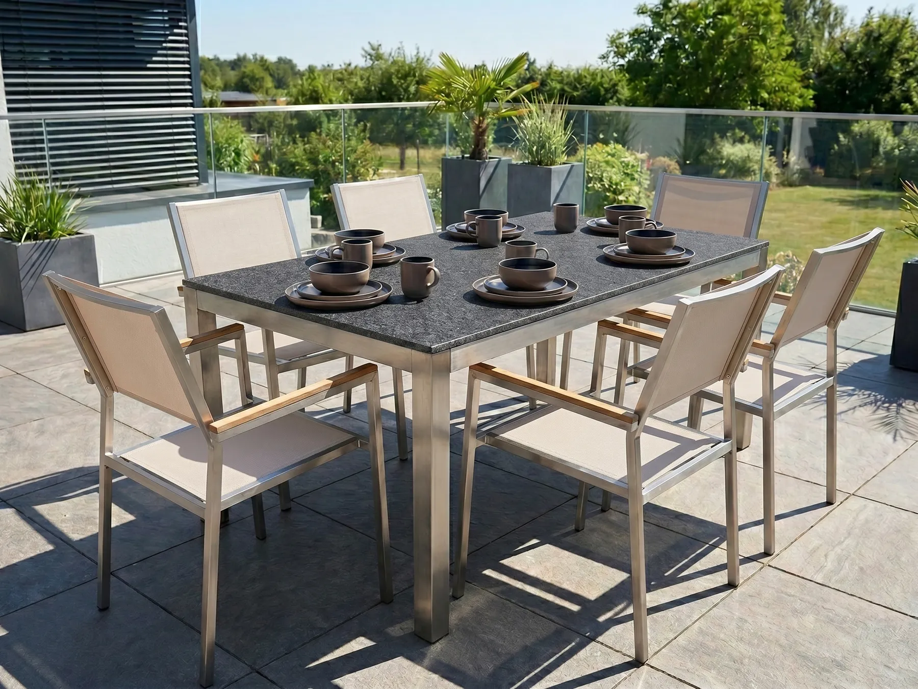 Gartenmöbel Set 6-Sitzer GROSSETO Granit geflammt Schwarz / Beige_434001