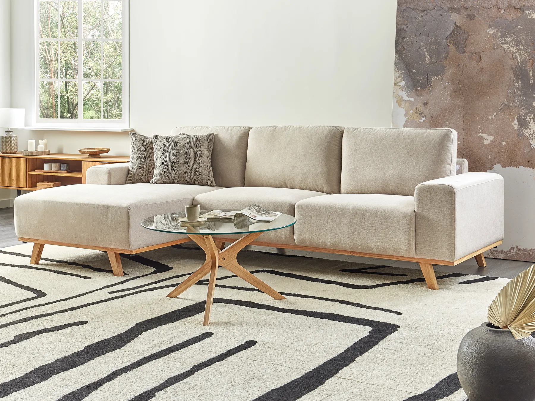 Ecksofa 3-Sitzer NORA Stoff Hellbeige rechtsseitig_891228