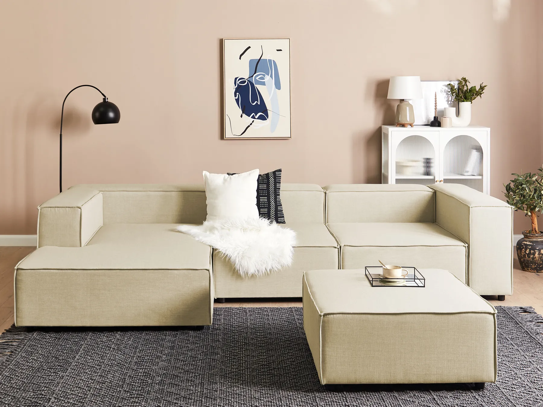 Modular Corner Sofa 3 Seater APRICA with Ottoman Faux Linen Beige Right Hand_856904