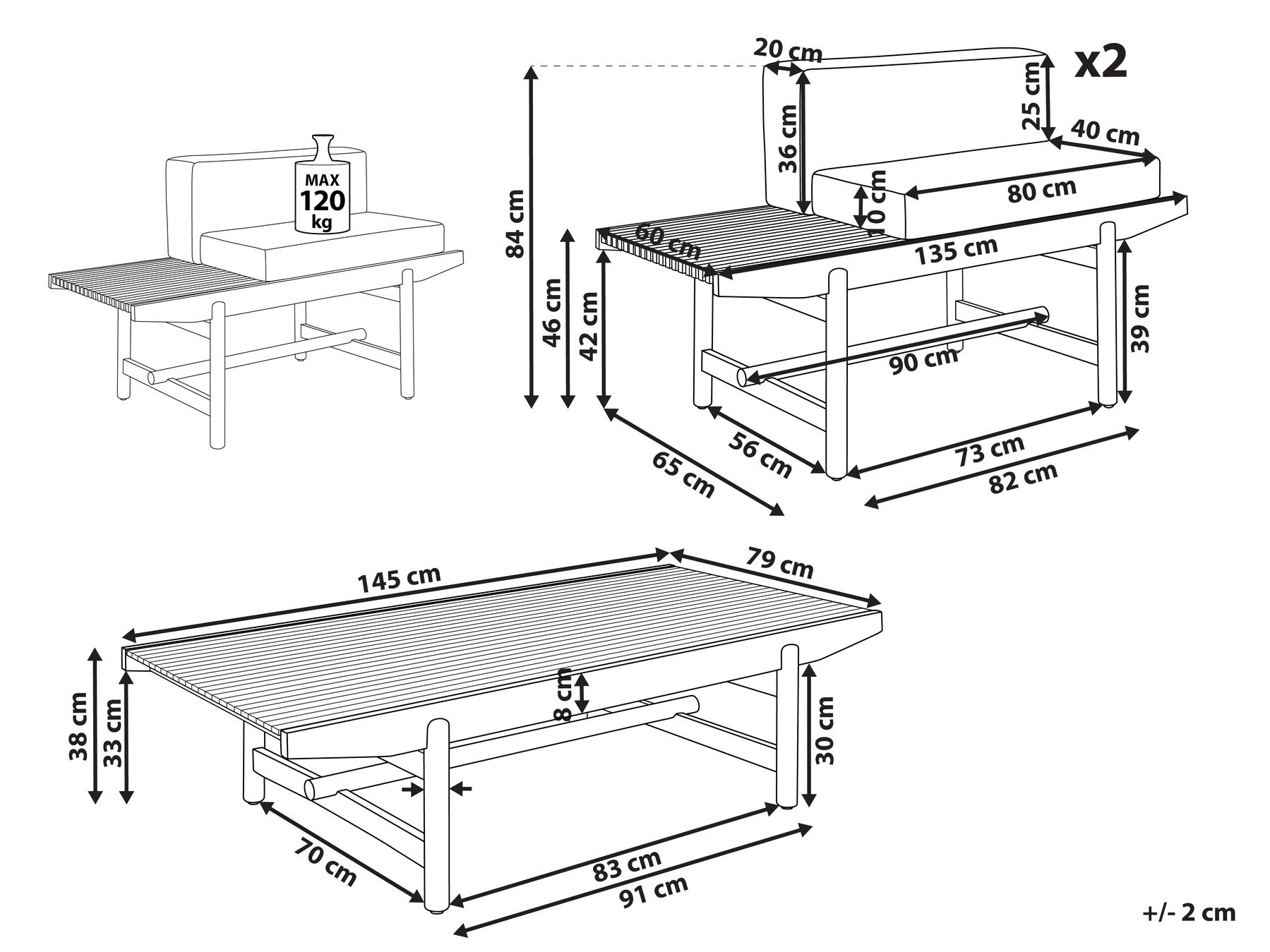 Lounge Set mit Tisch 2-Sitzer GIAVENO Akazienholz Cremeweiß_958669