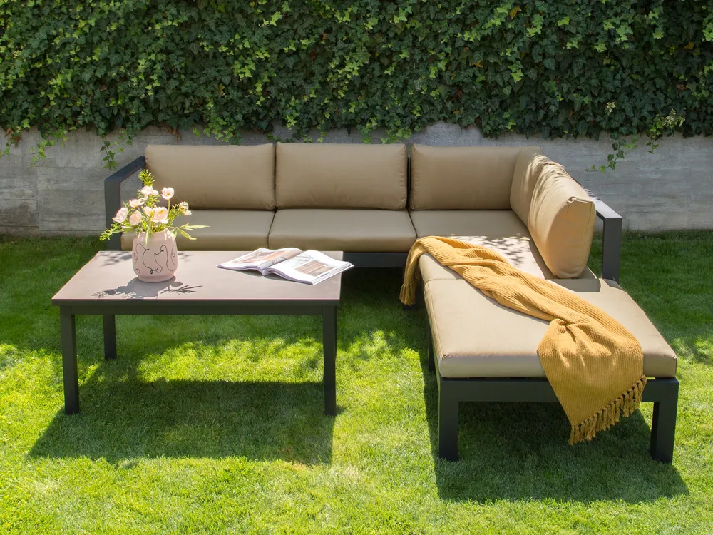 Garten Ecksofa mit Tisch 5-Sitzer MESSINA Metall Sandbeige linksseitig_932140