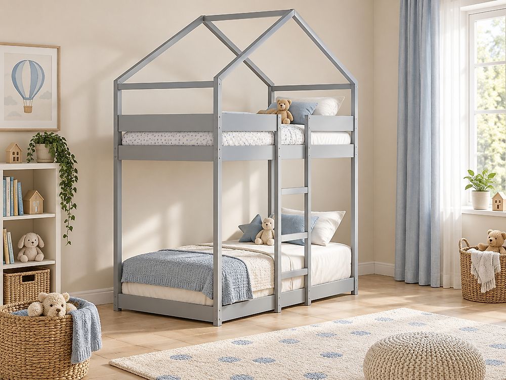 Bunk Bed House Pine Wood LABATUT 90 x 200 cm (EU Single) Grey