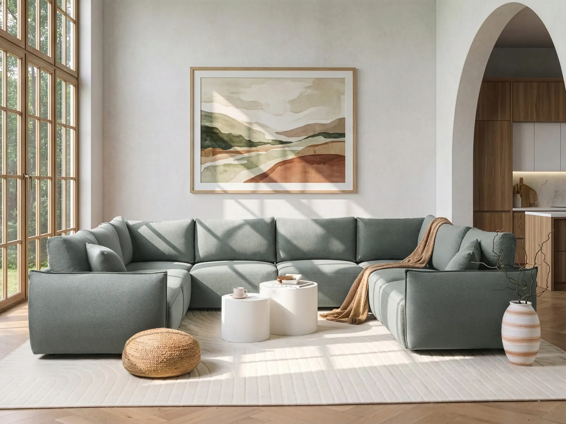 Modular U-Shape Sofa 8 Seater MESNALI Fabric Green_1046802