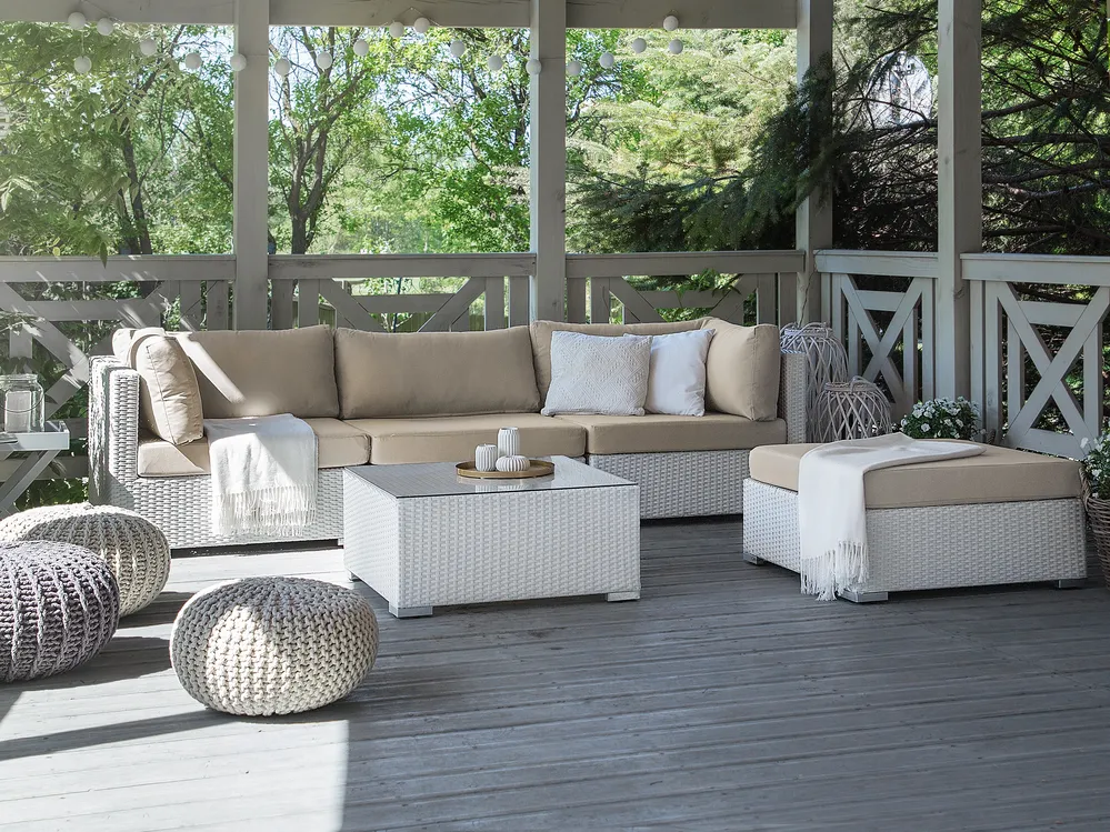 Garten Ecksofa mit Tisch 4-Sitzer SANO modular Polyrattan Weiß linksseitig