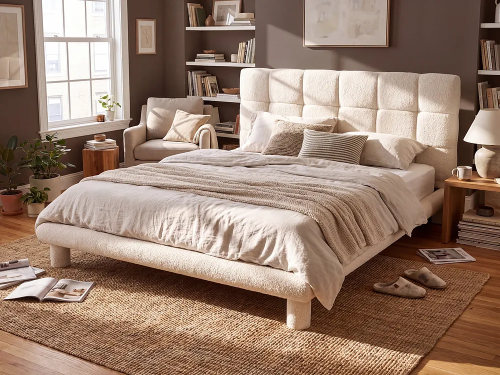 Bett mit Lattenrost Bouclé CRESSAT 160 x 200 cm Cremeweiß_1150974