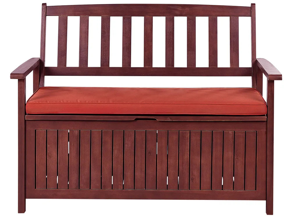 Gartenbank mit Auflage SOVANA 120 cm mit Stauraum Akazienholz Rot