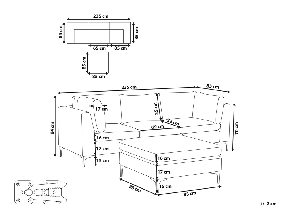 Modular Sofa 3 Seater EVJA with Ottoman Velvet Navy Blue_859674