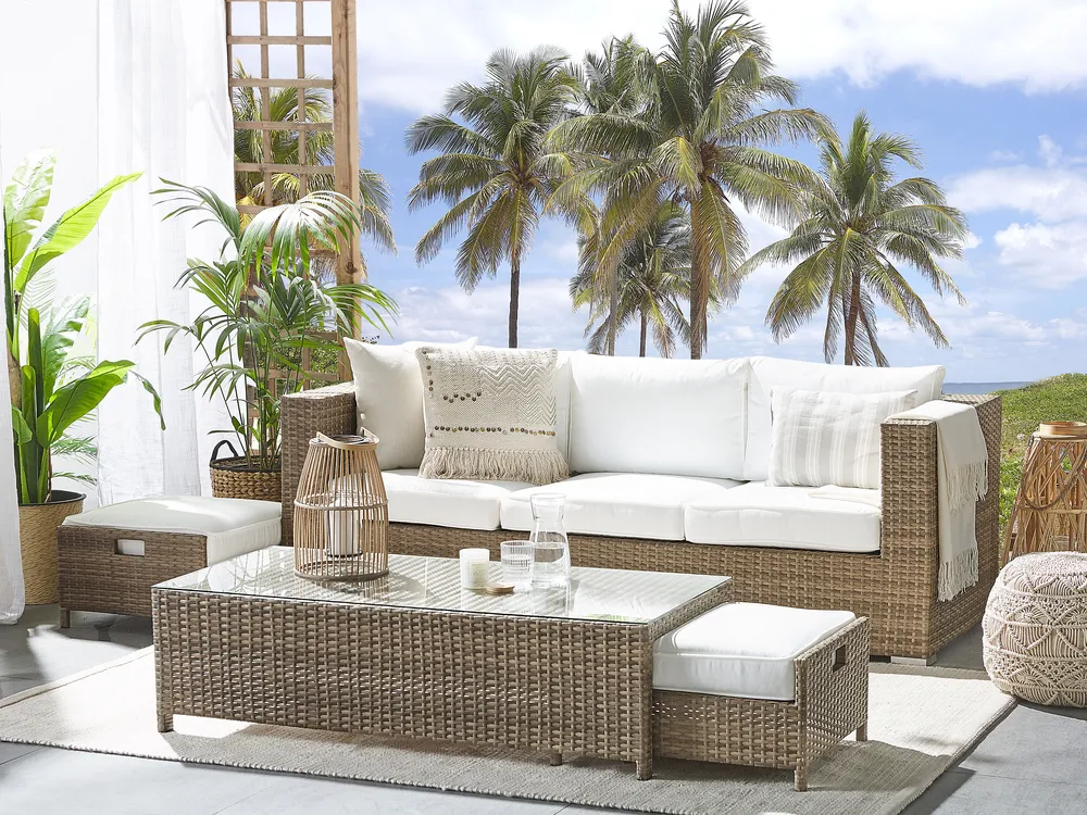 Lounge Set mit Tisch und Ottomane 5-Sitzer BELLUNO Polyrattan Weiß