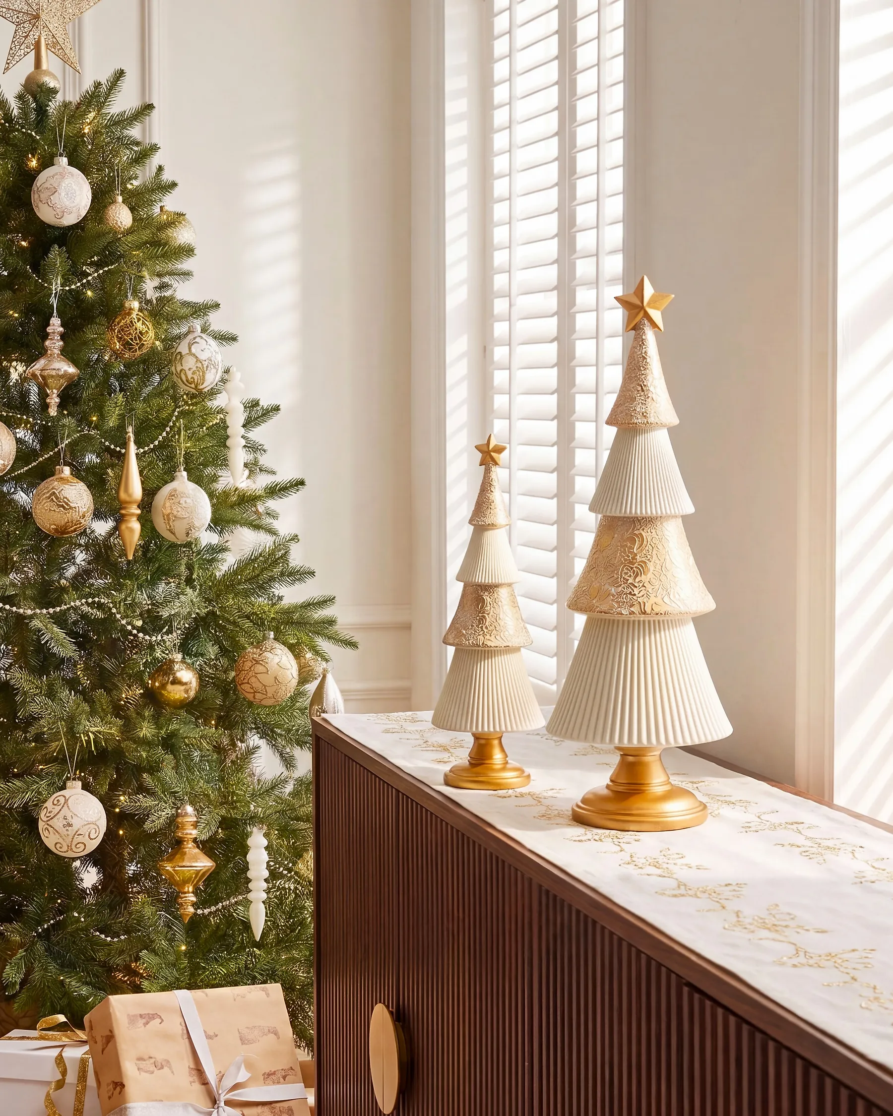 Weihnachtsdekoration 2er Set ASPO 32/41 cm Weihnachtsbaum Cremeweiß / Gold_1175712