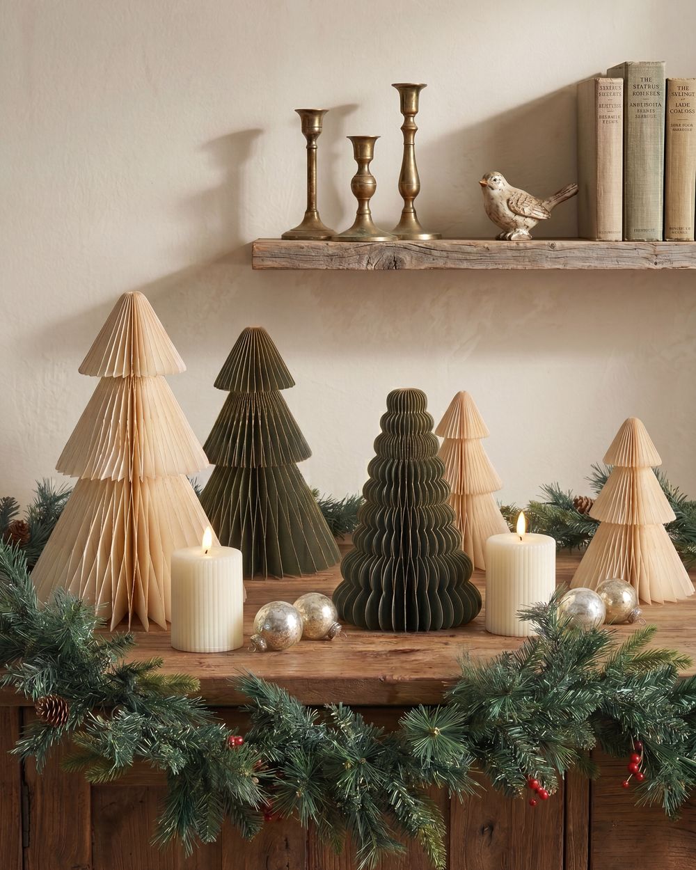 Set of 5 Christmas Decorations VORMA 25 cm Christmas Tree Beige/ Green