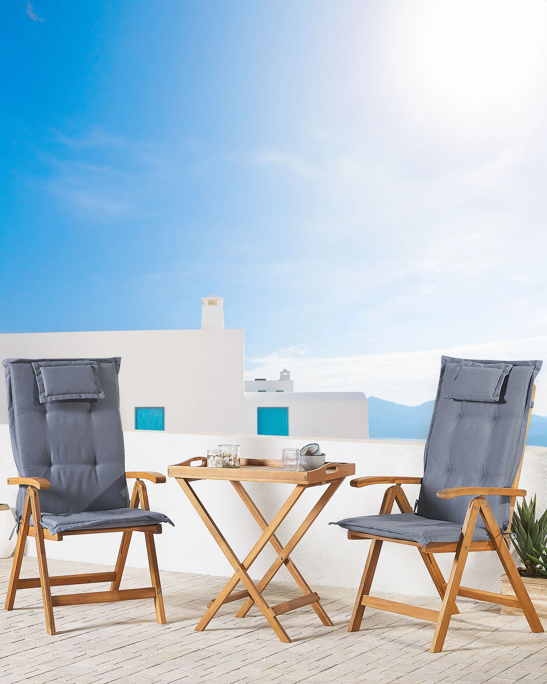 Set mit 2 Stühlen und Sitzkissen JAVA Akazienholz Blau_788387