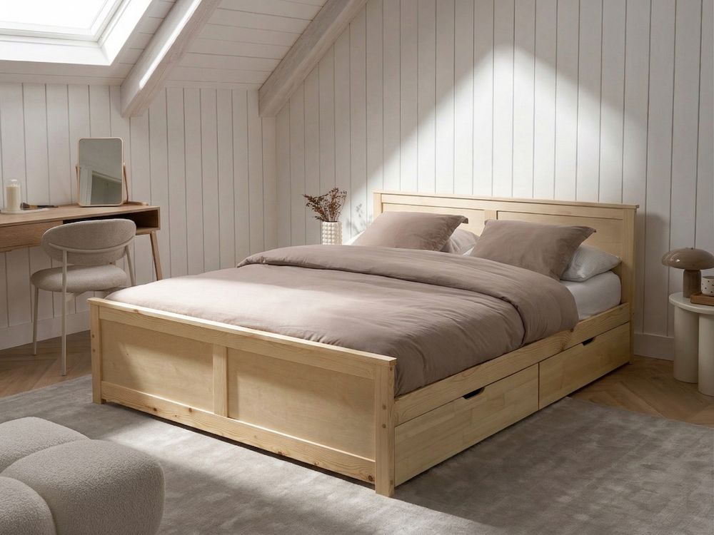 Bed with 2 Drawers DAUPHIN Pine Wood Light Brown 160 x 200 cm (EU King Size)