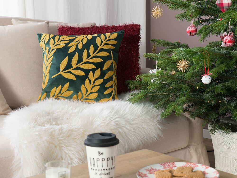 Dekokissen 2er Set MISTLETOE 45 x 45 cm Samtstoff Gold Grün Pflanzenmuster