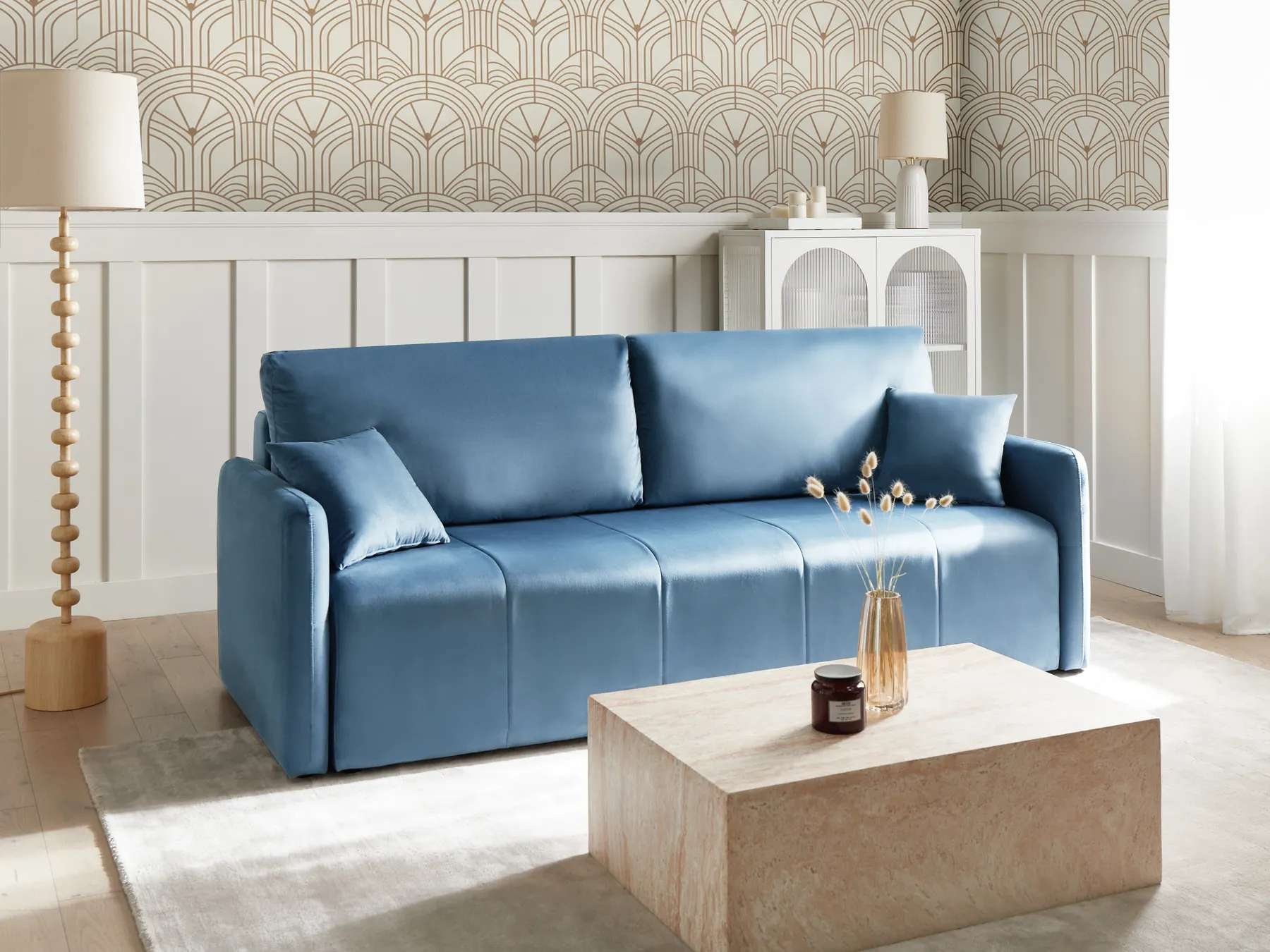 Sofa Bed 3 Seater EGGE Velvet Blue_1020704