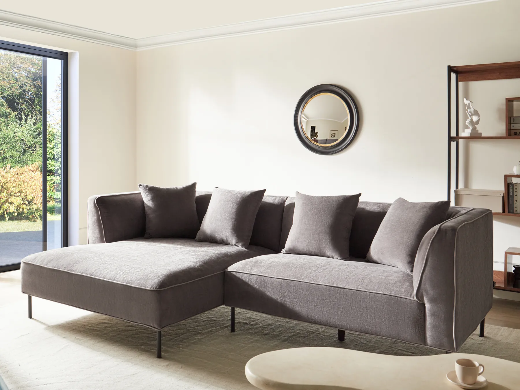 Ecksofa 3-Sitzer SATER Chenillegewebe Taupe rechtsseitig_1019366