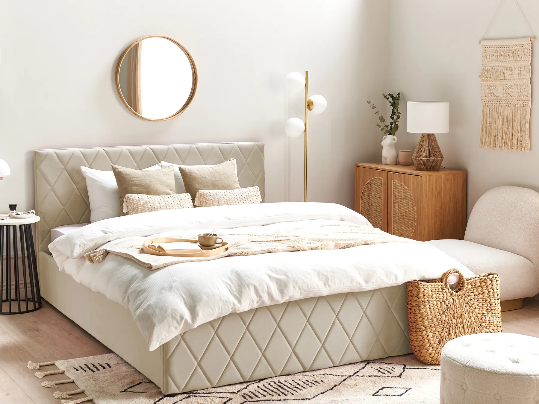 Bett mit Stauraum ROCHEFORT Samtstoff Beige 160 x 200 cm_857288