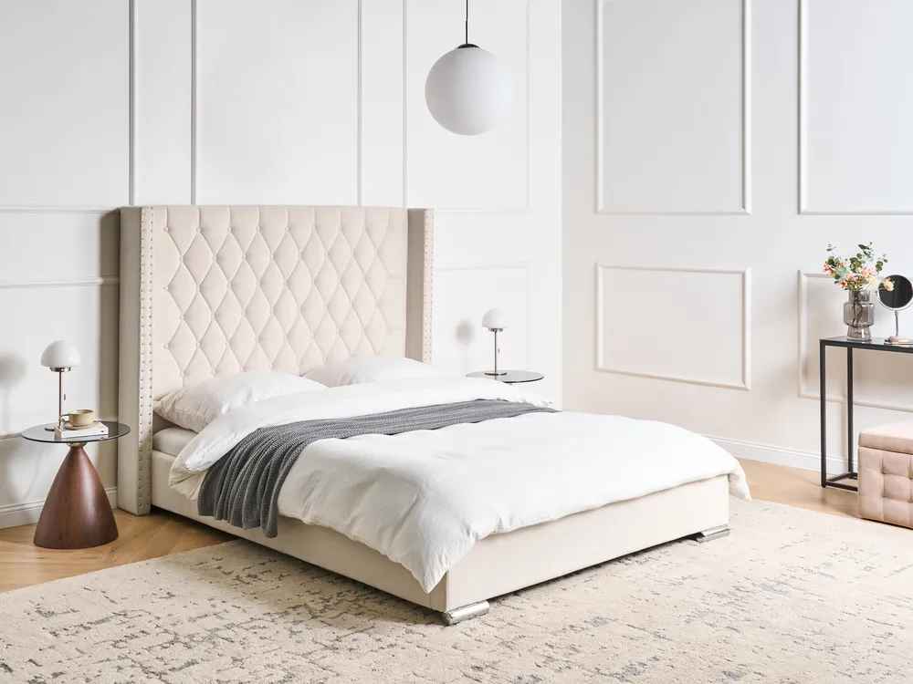 Bett mit Lattenrost Samtstoff LUBBON 160 x 200 cm Cremeweiß