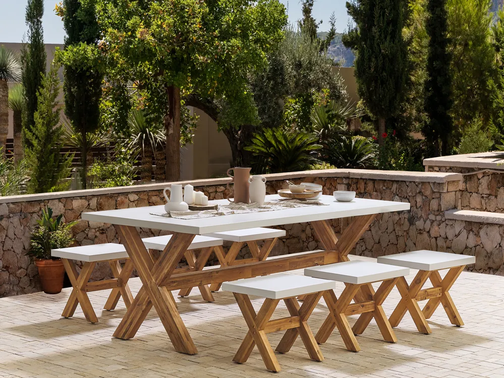 Gartenmöbel Set mit Hockern 6-Sitzer OLBIA Beton Weiß