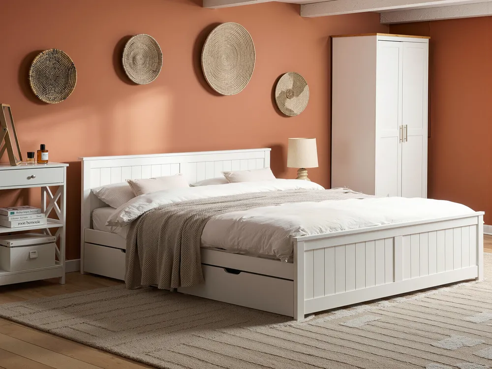 Bett mit 2 Schubladen SABRAN Kiefernholz Weiß 180 x 200 cm