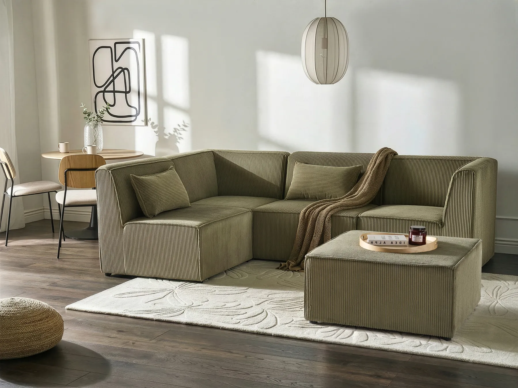 Modul Ecksofa 4-Sitzer LEMVIG mit Ottomane Cord Grün rechtsseitig_875803