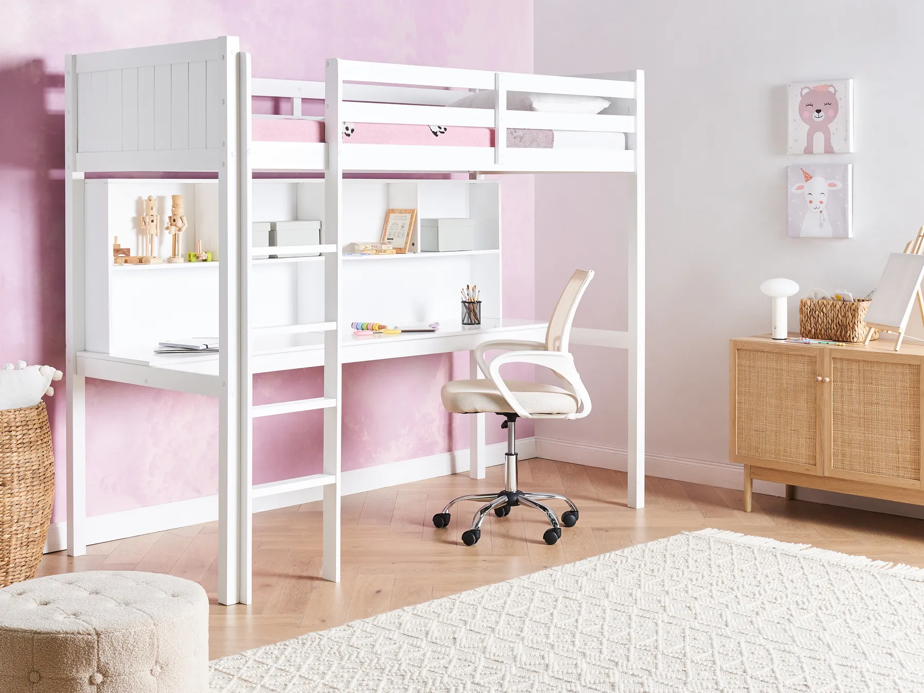 Hochbett mit Schreibtisch Kiefernholz FOUCAMONT 90 x 200 cm Weiß_964274