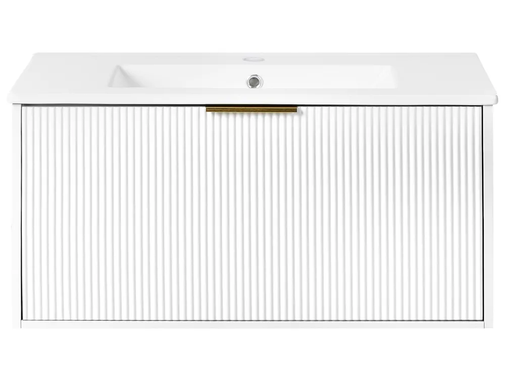 Wandmontierter Waschbeckenunterschrank mit Waschbecken mit goldenem Griff TILCARA Weiß_1006025
