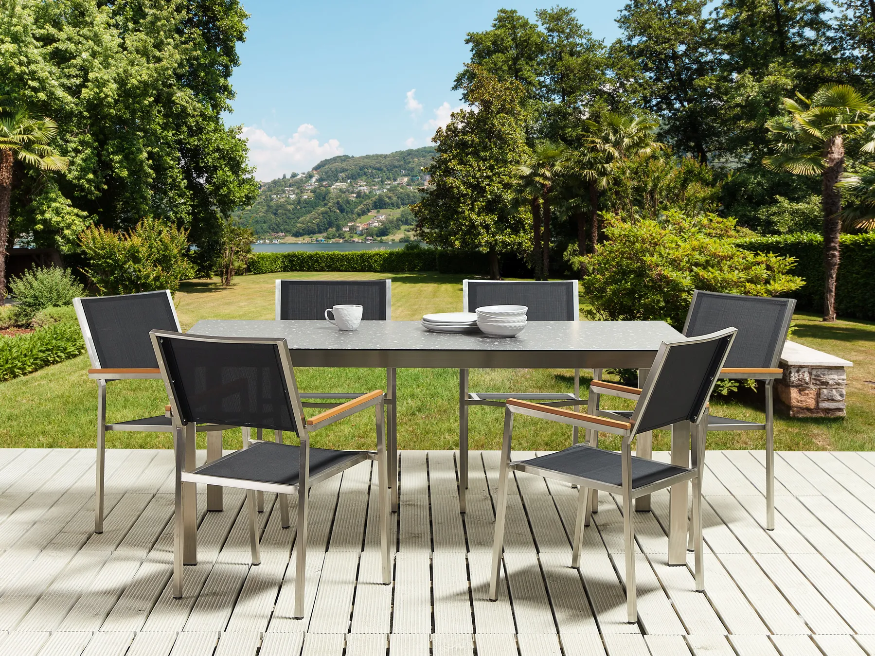 Gartenmöbel Set 6-Sitzer COSOLETO/GROSSETO Sicherheitsglas Granit Optik Schwarz_881573