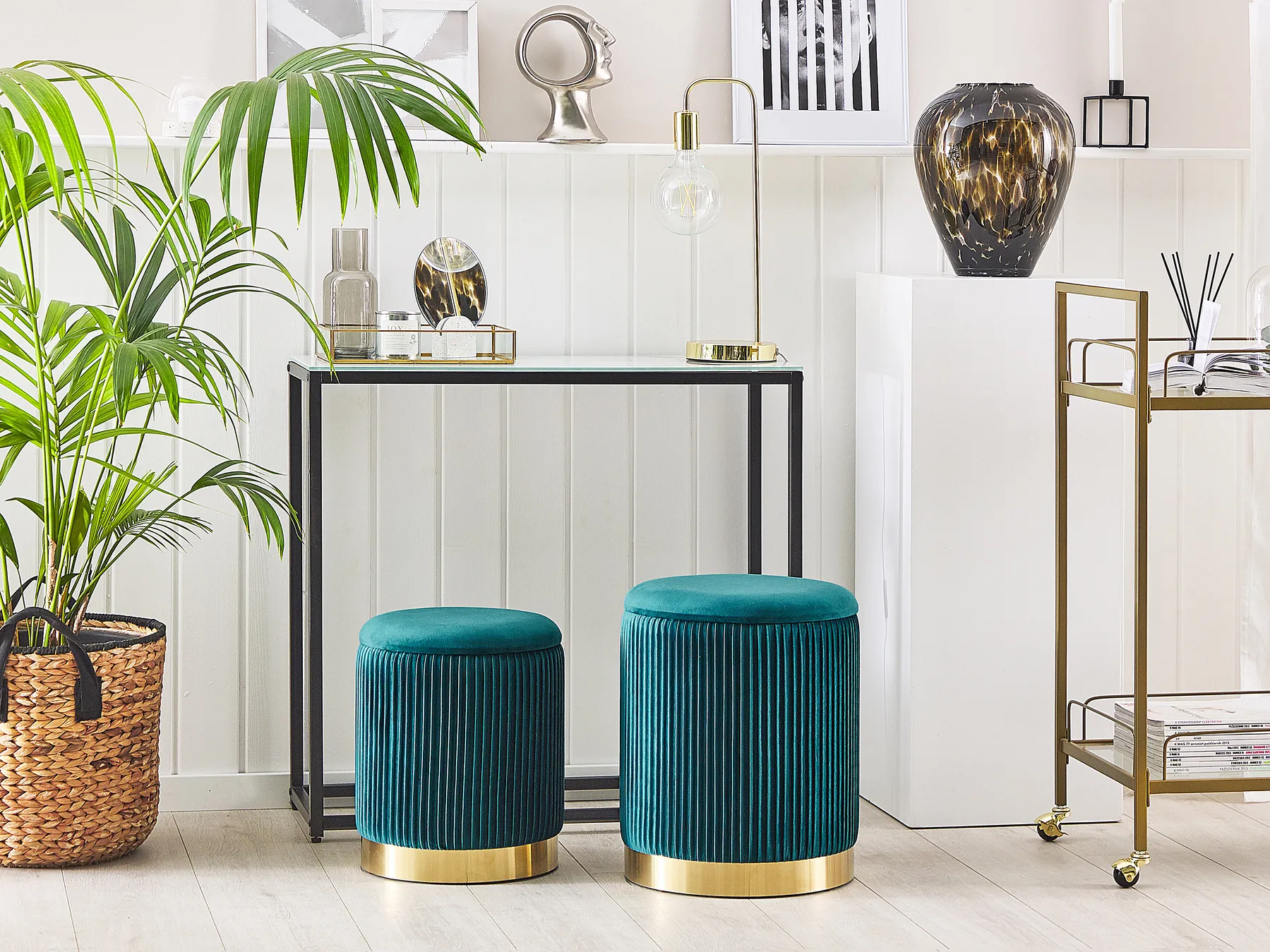 Pouf mit Stauraum 2er Set MIRAMAR Samtstoff Blaugrün_772673