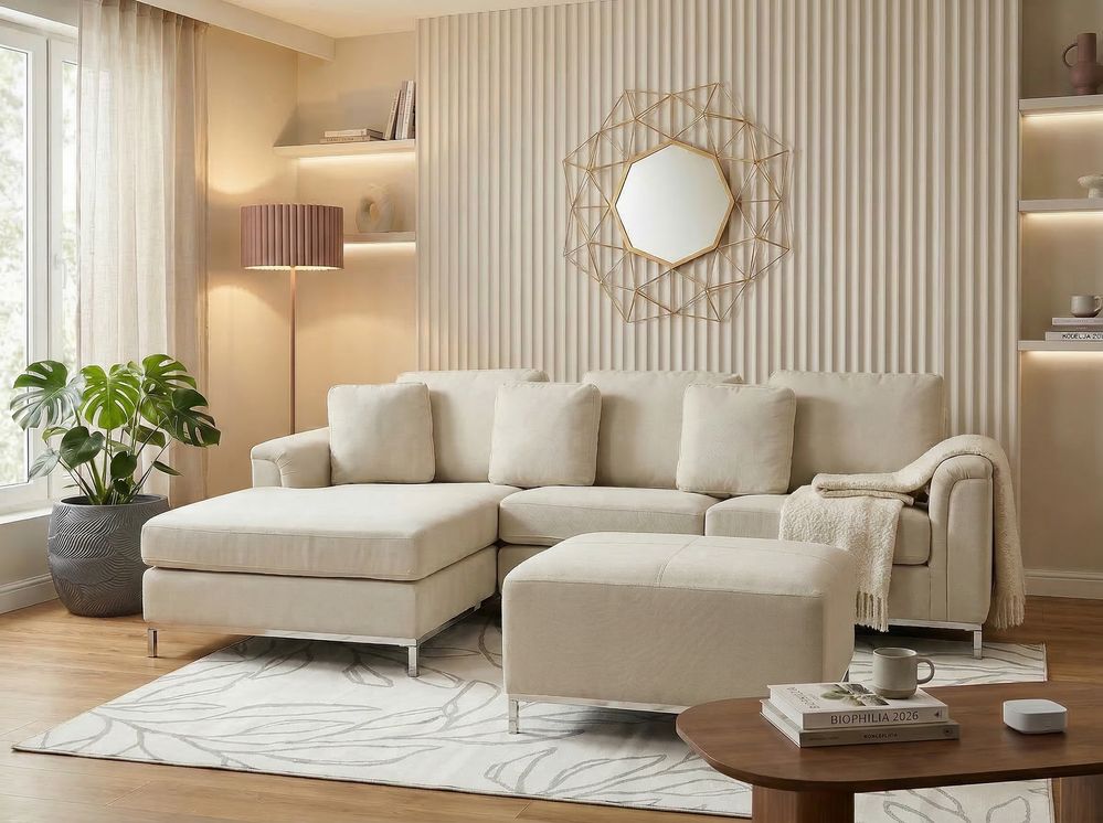Corner Sofa 4 Seater OSLO with Ottoman Fabric Beige Right Hand