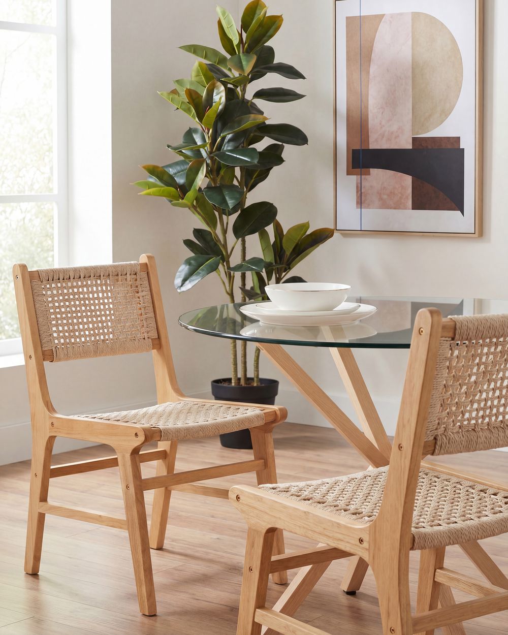 Set of 2 Dining Chairs OZELLA Wood Light Brown/ Beige