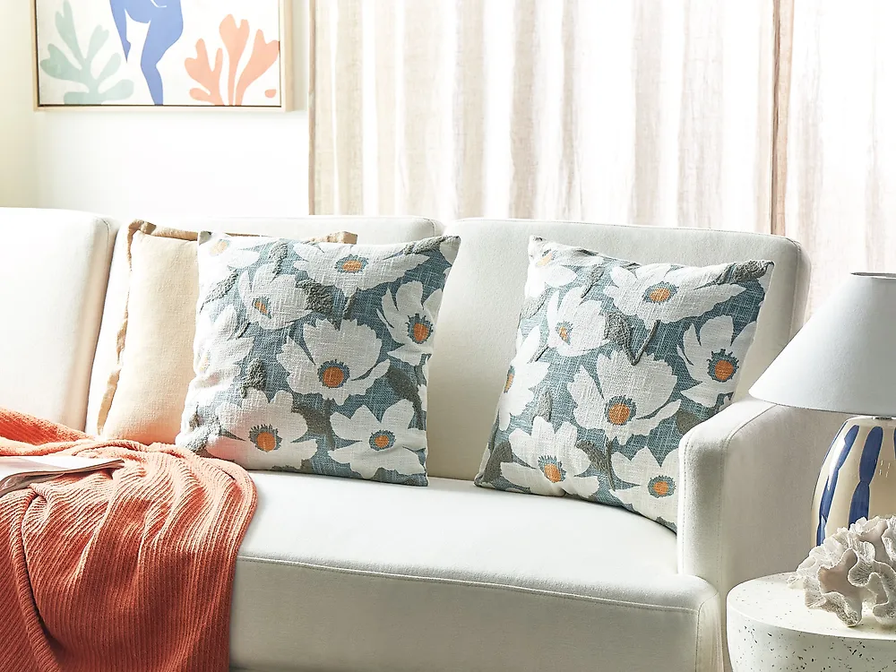 Set of 2 Decorative Cushions JATROPHA 45 x 45 cm Cotton Light Blue Floral Pattern_1183773