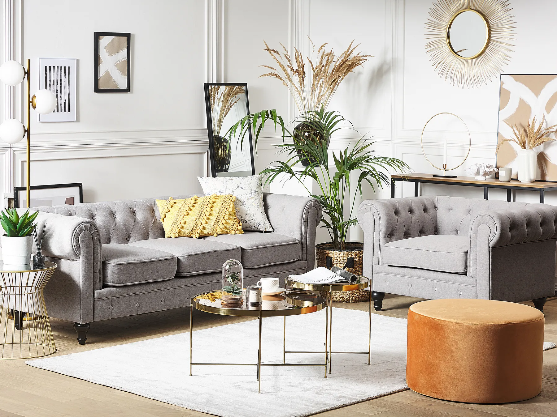 Living Room Set 4 Seater CHESTERFIELD Fabric Light Grey_797124