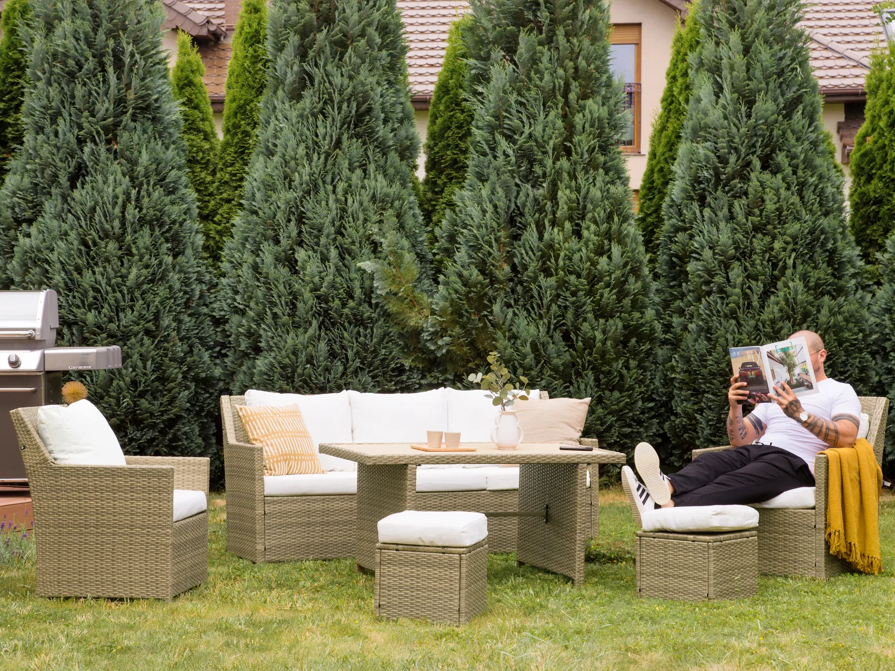 Lounge Set mit Tisch und Ottomane 5-Sitzer FONTI inkl. Kissen Polyrattan Braun_820231