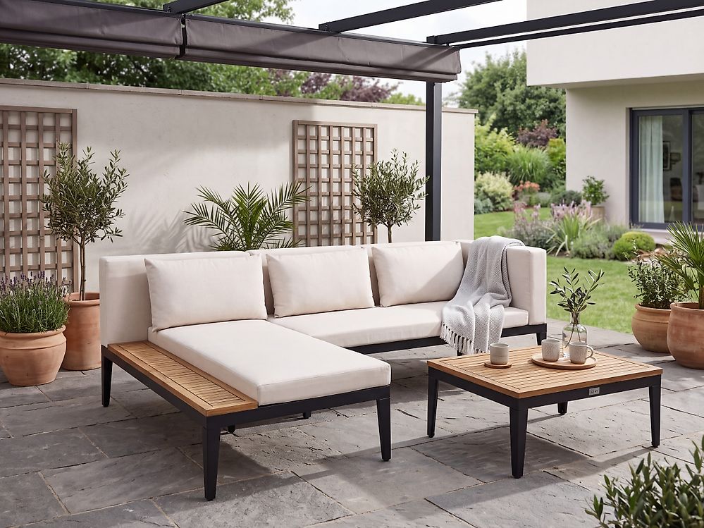 Garden Corner Sofa with Table 3 Seater BRACCIANO Certified Acacia Wood Light Beige Right Hand