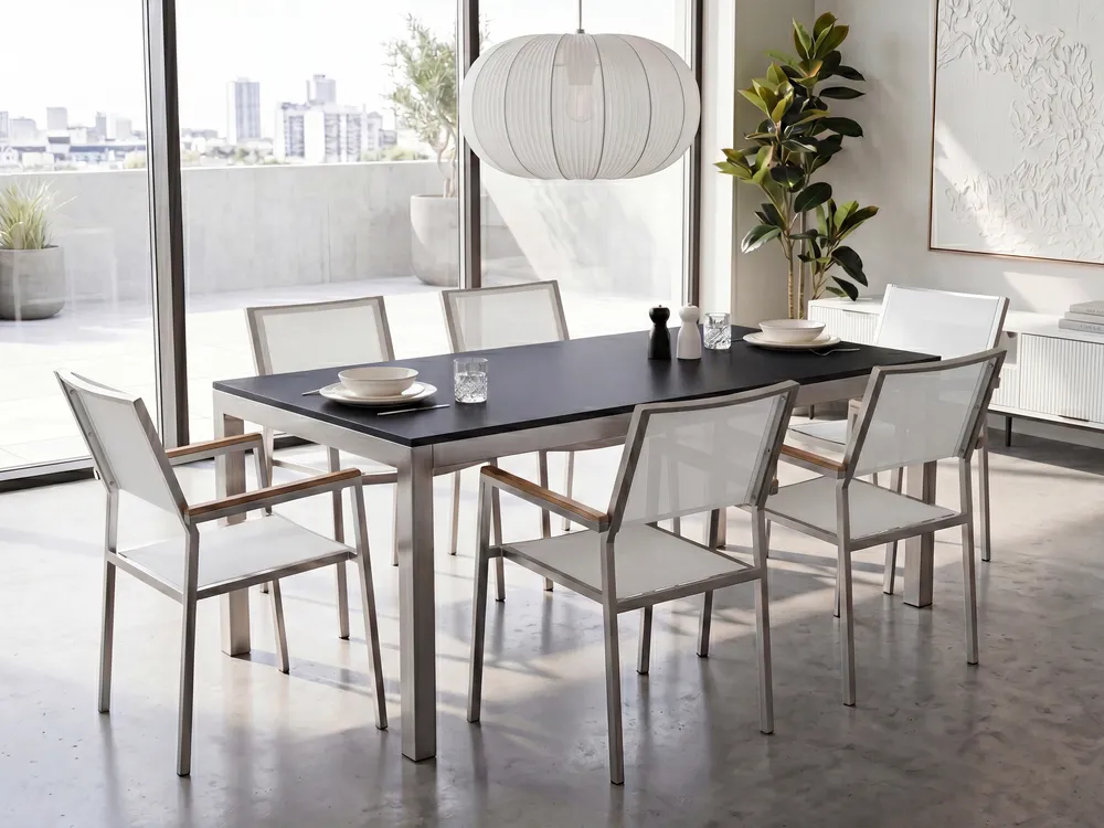Garden Dining Set 6 Seater GROSSETO Tempered Glass Black/ White_1105664