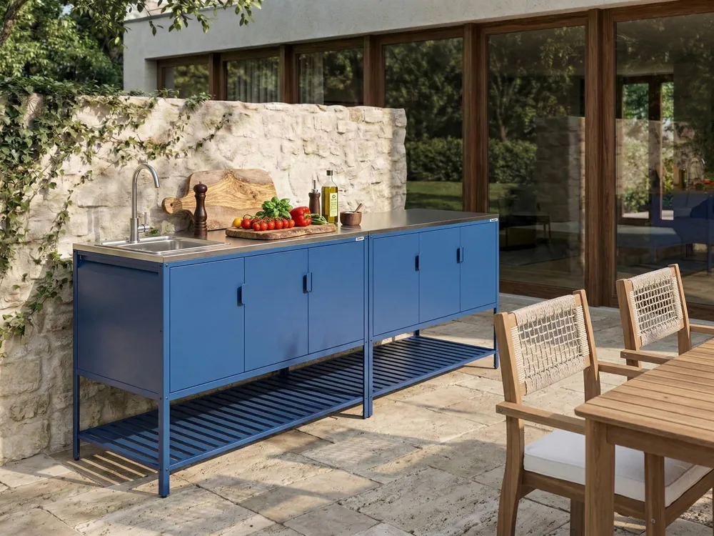 Outdoor-Küche 2er Set mit Spüle MAENZA Blau Metall