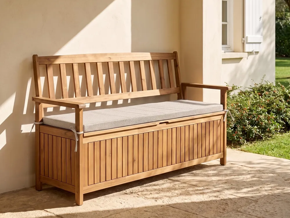 Gartenbank mit Auflage SOVANA 160 cm mit Stauraum Akazienholz Beige
