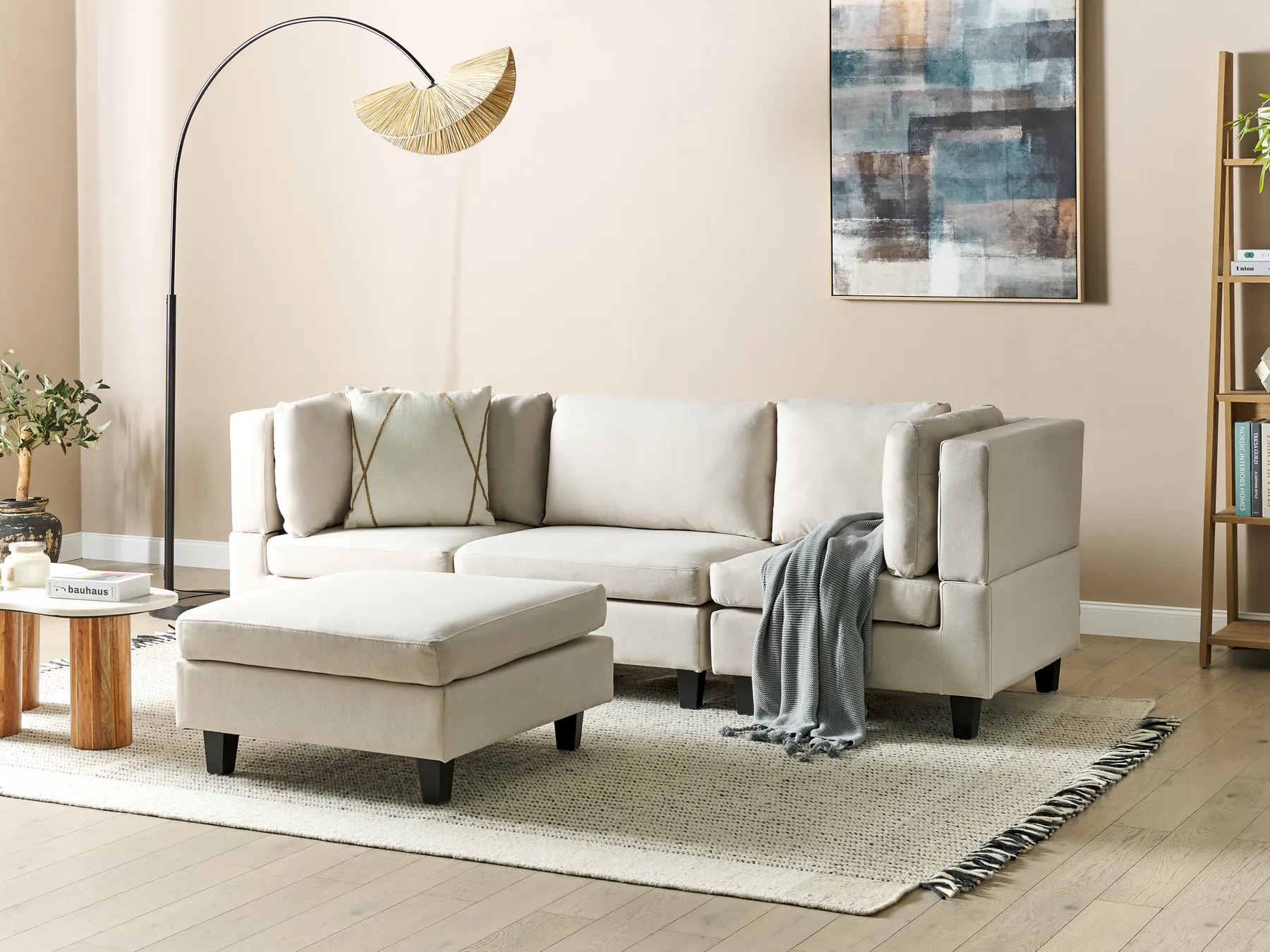 Modulsofa 3-Sitzer UNSTAD mit Ottomane Stoff Hellbeige_891099