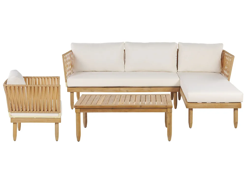Lounge Set mit Tisch 4-Sitzer CREMONA Akazienholz Hellbraun / Cremeweiß linksseitig