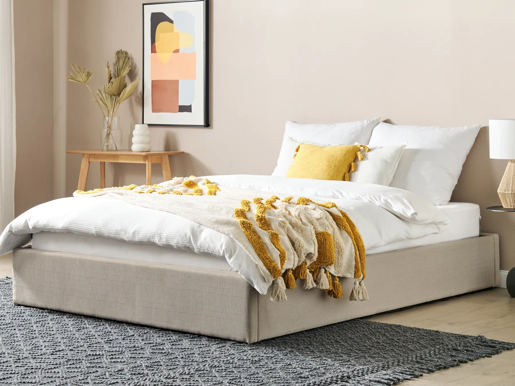 Bett mit Stauraum ohne Kopfteil DINAN Stoff Hellbraun 160 x 200 cm_1002177