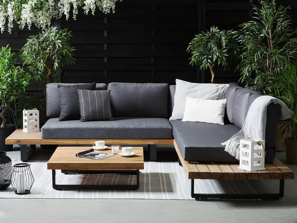 Garten Ecksofa mit Tisch 5-Sitzer MYKONOS zertifiziertes Akazienholz Dunkelgrau rechtsseitig