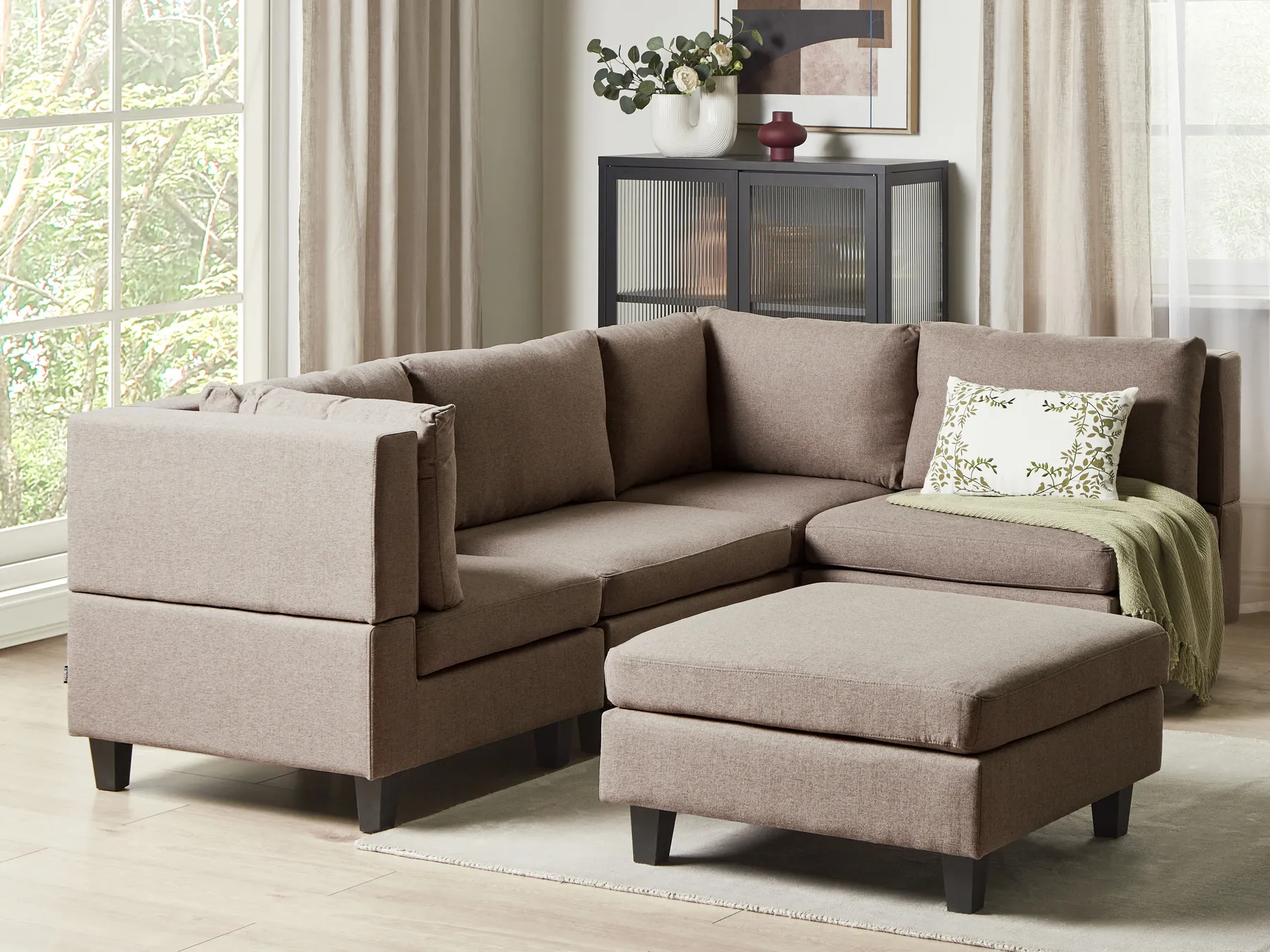 Modular Corner Sofa 4 Seater UNSTAD with Ottoman Fabric Brown Left Hand_924923