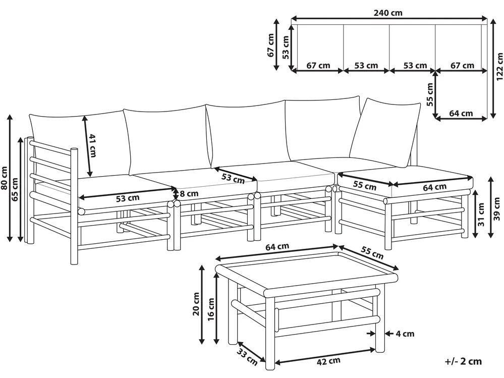 Garten Ecksofa mit Tisch 5-Sitzer CERRETO Bambus Cremeweiß linksseitig_909553